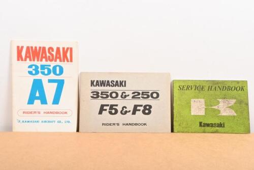KAWASAKI: Three original Kawasaki handbooks including a 350 & 250 F5 & F8 riders handbook, a 350 A7 riders handbook and a Kawasaki 1972 printed service handbook
