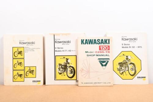 KAWASAKI: Three Cycleserv Publications. Kawasaki servicing manuals, one H series manual, a S series manual and one covering multiple models including the GA1-A, along with a Kawasaki 120 Model C2SS-TR shop manual