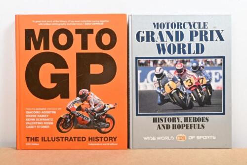 MOTO GP: Two hardcover books related to Moto GP, including 'Motorcycle Grand Prix World' 160 pages, and Moto GP by Michael Scott 255 pages