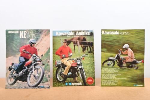 KAWASAKI: Three original Kawasaki advertising brochures, including one double sided single sheet for model KS125, a double sided single sheet for the KE175 model, and a fold out Kawasaki Agibike 100 model G4TR-A brochure