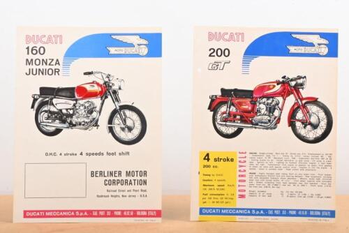 MOTO DUCATI: Two small format colour single sheet adverts for Ducati cycles, one a Ducati 160 Monza Junior advert, the other a Ducati 200 GT advert