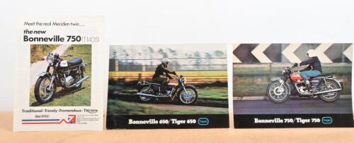 TRIUMPH: Three colour Triumph 'Bonneville' brochures including a Bonneville 650/Tiger 650 fold out brochure a fold out Bonneville 750/Tiger 750 brochure, and a single double sided sheet advert for 'the new Bonneville 750 T140s'