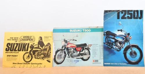 SUZUKI: Three various single sheet adverts for Suzuki motorcycles including a T250J double sided advert, a GT550/T500 double sided advert and a Melbourne Motorcycle Co. Suzuki 1972 range advert