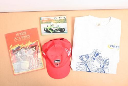 MOTORCYCLING: Four assorted motorcycle related items including two hardcover books, 'A source book of motorcycles' by Denis N. Miller and 'MV Agusta 750s America' Super profile book, along with a size large 'Vee Two Australia' tshirt and a Ducati Moto GP 