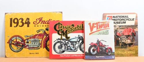 MOTORCYCLING: A group of motorcycling related items including three books, 'V-Twin The Motorcycle 1903 To The Present', 'National Motorcycle Museum Britain's Motorcycling Heritage', and 'Classic Motorbikes' along with a modern tin Indian sign