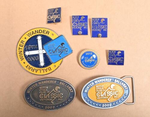 CMCCV: A collection of Classic Motor Cycle Club of Victoria items, including belt buckle and badges, largest buckle 5 x 7.5cm