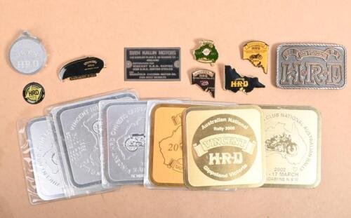 VINCENT: A collection of Vincent HRD items including badges, belt buckle, drinks coasters etc, the coasters 9 x 9cm
