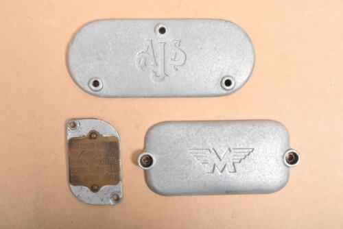 AJS/MATCHLESS: Two cast aluminium motorcycle blanking plates for AJS and Matchless and one other