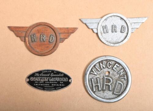 VINCENT/HRD: Four Vincent/HRD items, including a dealer plate for Conway Motors "The Vincent Specialists", a cast steel badge and a handcrafted HRD mould and subsequent cast badge, largest 5.5cm diameter