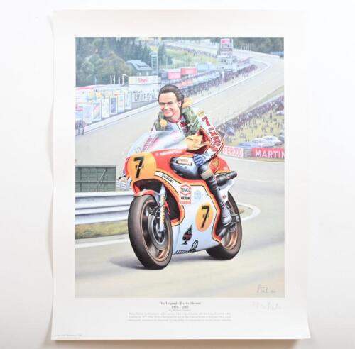 SHEENE: A limited edition print (27/750) of "The Legend - Barry Sheene, 1950-2003" by Robert Tomlin, editioned and signed by the artist in pencil lower right, unframed, 45.5 x 35cm