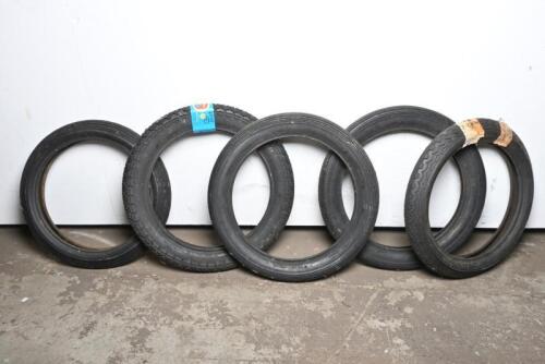 TYRES: A collection of five motorcycle tyres, two hard unused being CHENG SHIN 3.25-19 and 3.5-19 with knobbly tread