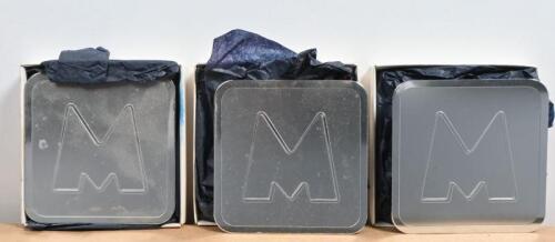 MATCHLESS: Three sets of six Matchless silvered metal drinks coasters with plain M logo