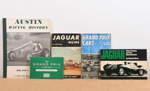 MOTOR RACING CARS: A selection of items related to Grand Prix and Sports cars. 'JAGUAR - Motor Racing and the Manufacturer' softcover book by Robert Bentley & 'The GRAND PRIX Collection - GRAND PRIX CARS OF THE 1950s' card set by THE CARD SCHOOL