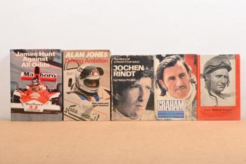 GRAND PRIX DRIVERS: A group of hardcover books detailing the racing careers of various Formula 1 drivers. Juan Manuel Fangio, Alan Jones, Graham Hill, James Hunt, Jochen Rindt books