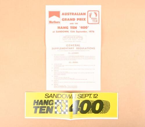 SANDOWN: Two Sandown HANG TEN '400' items. 'AUSTRALIAN GRAND PRIX AND THE HANG TEN '400' at SANDOWN, 12TH September, 1976 GENERAL SUPPLEMENTARY REGULATIONS' and Entry Form & 'SANDOWN SEPT.12 HANG TEN 400' yellow and black sticker