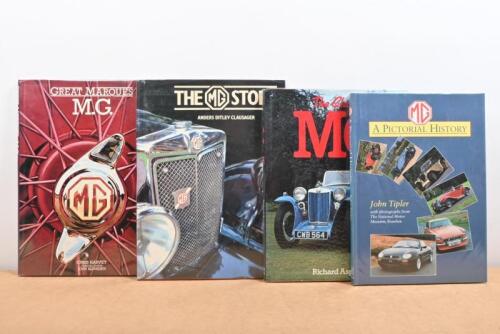 M.G: Four hardcover books detailing the M.G marque. 'MG - A Pictorial History' by John Tipler