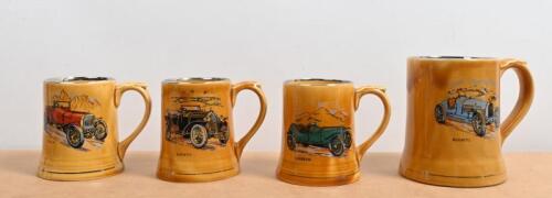 WADE VETERAN CAR SERIES: A group of four VETERAN CAR SERIES (COMPETITION CARS), SERIES 5 and SERIES 6, mugs by WADE of England. Mugs depicts various competition cars including 1908 ITALIA (No.13), 1913 BUGATTI, 1914 T.T. SUNBEAM (No.15)