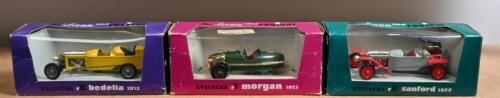 CYCLECAR: Three 1:43 scale Brumm cyclecars. 1923 Morgan (r1), 1913 Bedelia (r6) & 1922 Sanford (r8)