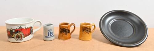 VETERAN CARS MUGS/CUP: A collection of veteran car mugs and cup and saucer. VETERAN CAR SERIES mugs by WADE of England depicting 1905 SPYKER