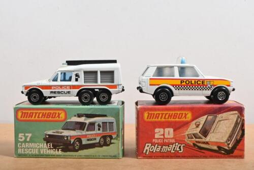 MATCHBOX: Two Matchbox Superfast 1:75 series boxed models. MB20 POLICE PATROL (Rolamatics) & MB57 CARMICHAEL COMMANDO